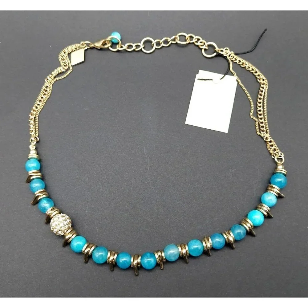 NWT Sequin Gold Tone & Blue Bead Collar Necklace Asymmetrical Paved Pendant 18